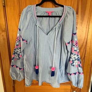 Lilly Pulitzer Light Blue Blouse with Pink Embroidery